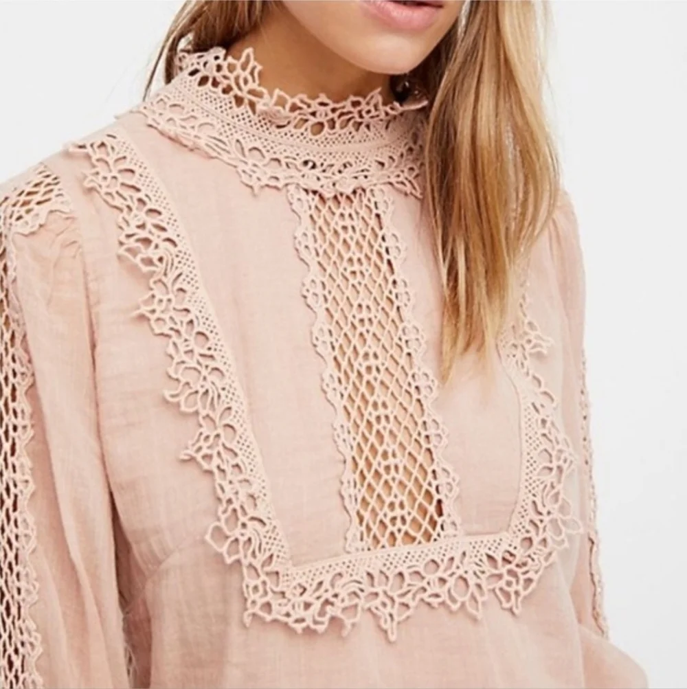 Free People FP One Victoria Top Blush Crochet-Trim Long Sleeve Top